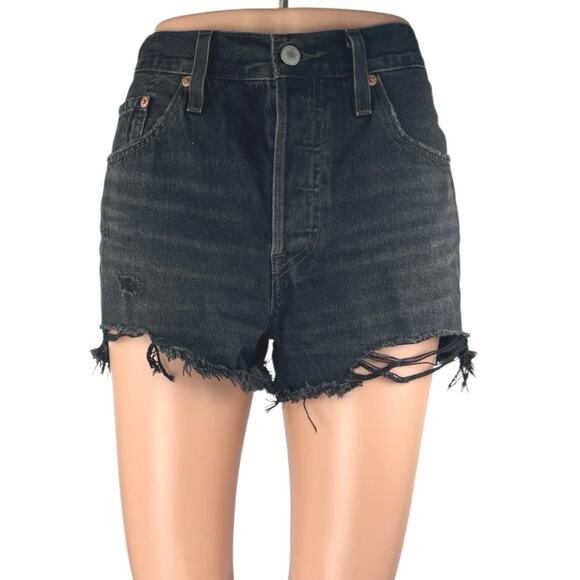 Levi's 501 Women's Black High Waisted Cut Off Frayed Denim Jean Shorts Size 28 - Picture 1 of 6